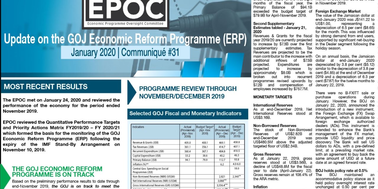 January 2020: Update on the GOJ Economic Reform Programme (ERP)
